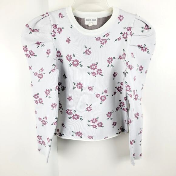 Kiss the Stars Puff Shoulder Crochet Crop Top S Cream Pink Floral Blouse - Picture 1 of 8